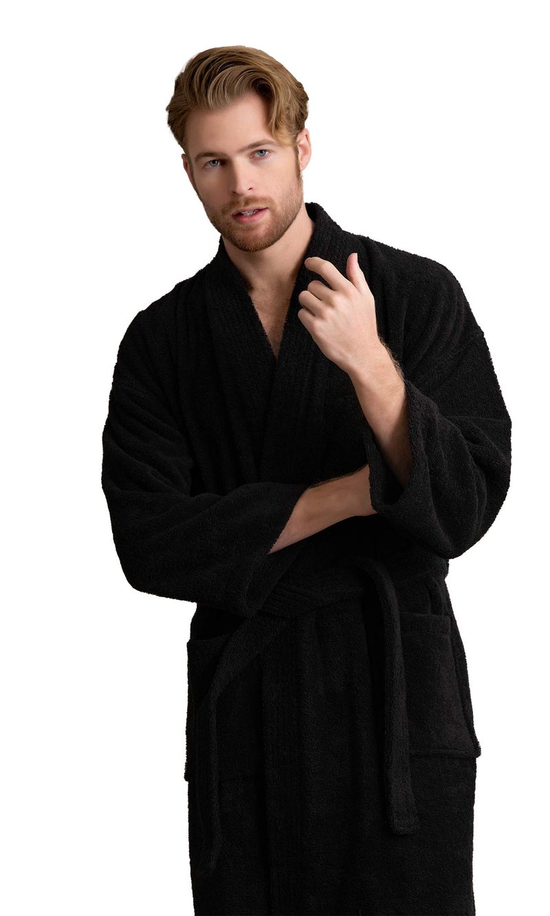 Soft Touch Linen - Turkish Terry Kimono Style Bathrobe - 100% Pure Turkish Cotton - Made in Turkey (Black, Large) - Image 2